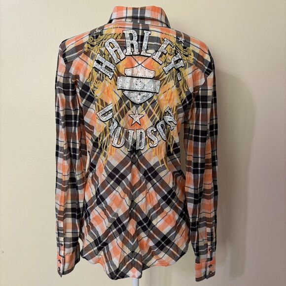 Harley Davidson Button Up Shirt Womens M Orange Plaid Rhinestone Angel Back Logo - Picture 3 of 16